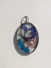 Vintage Stained glass Sun Catcher - Butterfly Pink Blue - Window Hanging Piece