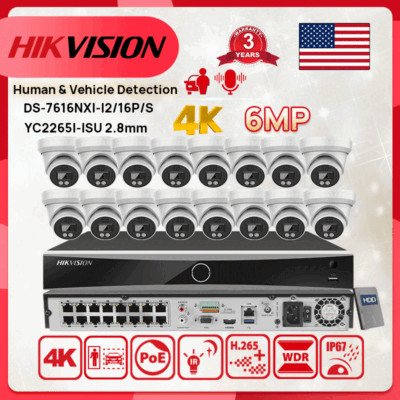 4K Hikvision 16ch 16 POE CCTV System Kit 6MP Acusense 2-Way Audio IP Camera Lot 