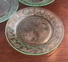 US GLASS SCROLL DEPRESSION ERA VASELINE GLASS 9 PC 6 1/8" BREAD & BUTTER PLATES