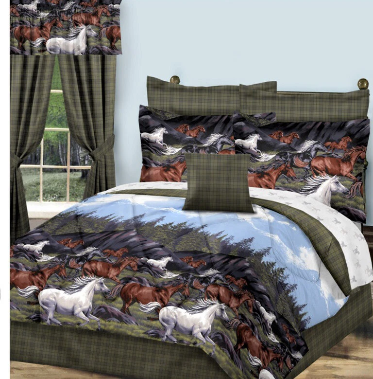 Juego de edredón Farm Life Equine HORSES cama en bolsa cazador verde a cuadros REVERSIBLE Foto 3 de 3