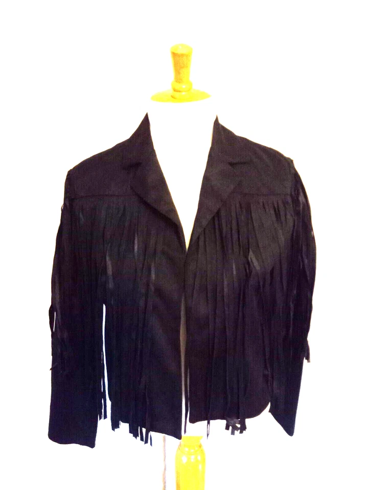 Chaqueta Corta Haoduoyi Negra con Flecos Imitación Gamuza Frente Abierto Talla Pequeña NUEVA Foto 2 de 3