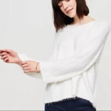 Lou & Grey Ivory White Fuzzy Eyelash Fur Round Neck Sweater S
