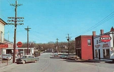 Calais, Maine Postcard Customs House Bridge Gulf Amoco Signs c 1950s   H7