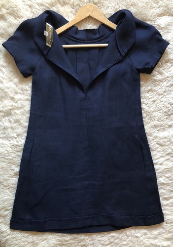 Thread Social Women’s Navy Blue Linen Shift Dress Sz2 Pockets Made In USA Classy - Picture 8 of 16