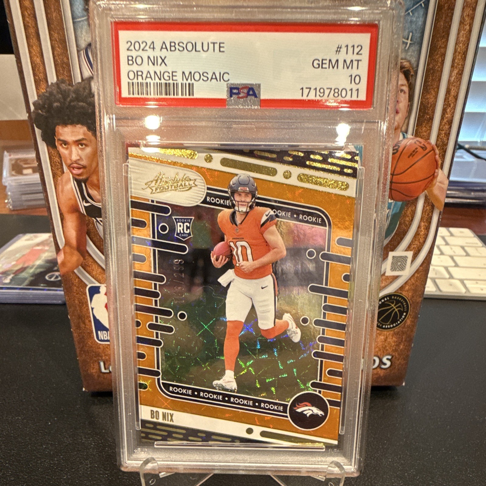 Panini Absolute 2024 Rookies Bo Nix #112 Color Match Orange Mosaic /299 PSA 10