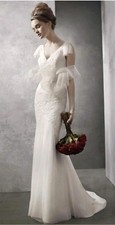 Ivory Lace V Neck Cap Sleeve Mermaid Full-Length Wedding Dress Princess