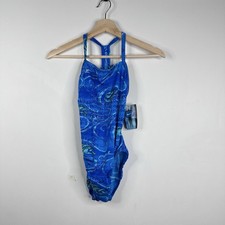 Vintage Nike Swimsuit Womens 4 Blue One Piece Print Racerback Lined America Made