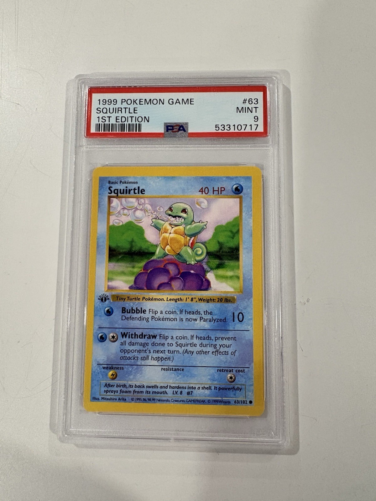 1999 Pokémon Game Squirtle Shadowless 1st Edition PSA Mint 9 #63