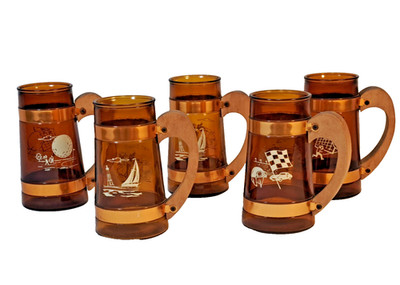 Vintage Siesta Ware Amber Glass Mugs Set of 5 Wood Handle Sports Graphics MCM