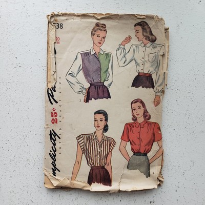1940s Vintage 38'' Bust  Simpliciyy 1538 Color Block Cap Shirt Sewing Pattern