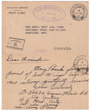 WW2 Hamilton Ontario Buckingham Cigarette Fund Canadian Artillery Card FPO 527