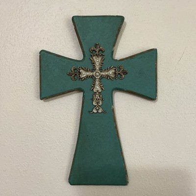 Farmhouse Style Turquoise Cross - Blue Cross Hobby Lobby Wall Decor 12 3/4  Tall