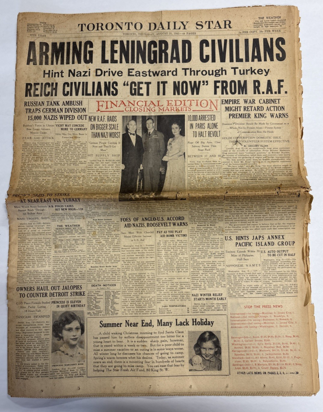 Toronto Daily Star Newspaper-Thursday August 21, 1941-2 Sections
