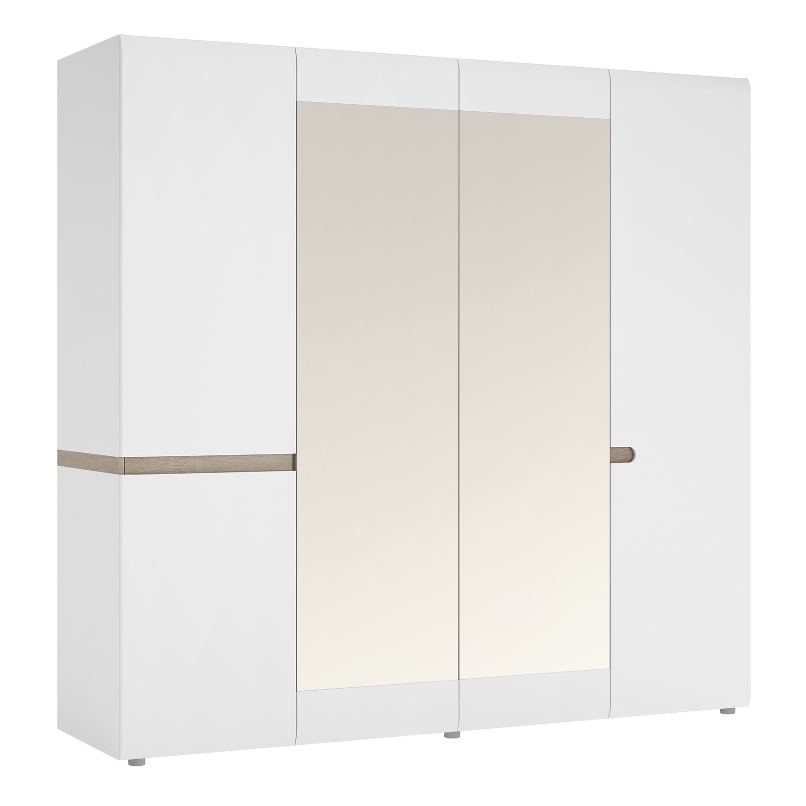 White Gloss 4 Door Wardrobe - Oak Trim with Mirror & Soft Close Storage