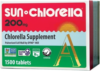 Sun Chlorella 200mg Chlorophyll, CGF, Active B12, Iron, Protein - 1500 Tablets