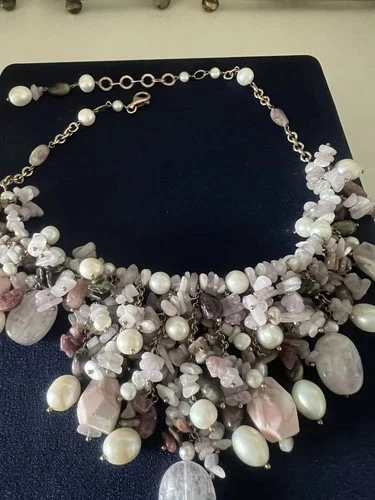 🔴 DEA GIOIELLI collana ARGENTO placcata oro tempesta di QUARZO ROSA perle - Immagine 2 di 4