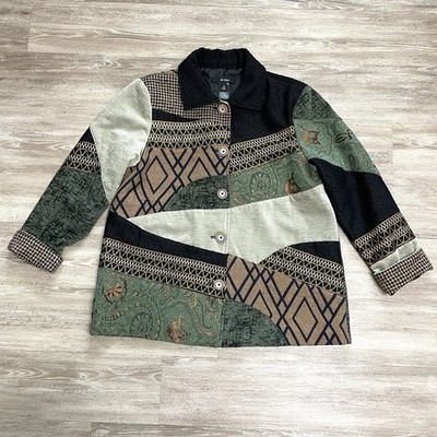 Ali Miles Jacket Green/black Patchwork Button Front Blazer Art To Wear Boho Sz M