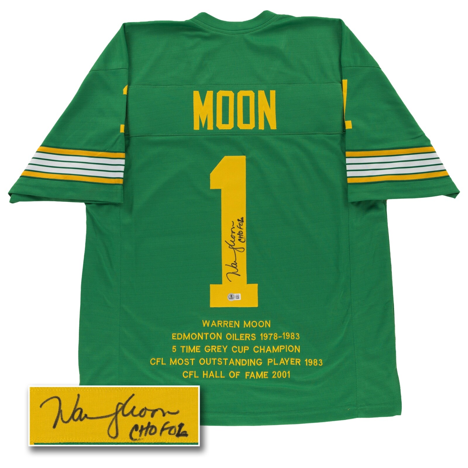 Warren Moon Autographed Signed Edmonton Elks Stat Jersey (Beckett) Inscribed "CHOF 01" Green 
