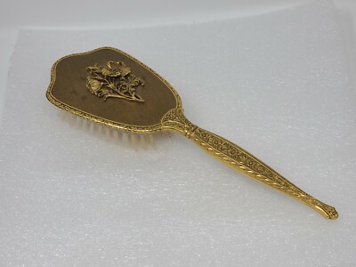 Vintage Gold Tone Vanity Hair Brush Ornate w/Flowers Floral