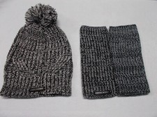 Rebecca Minkoff black  white marled pom-pom beanie  arm warmers/fingerless glo