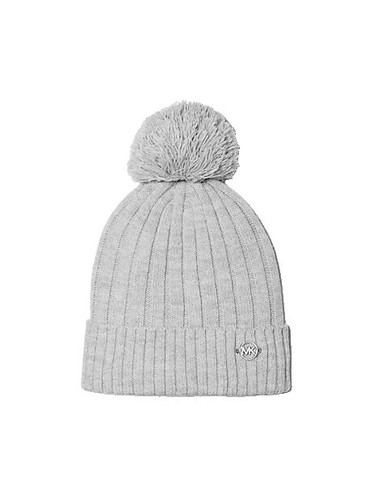 Michael Kors Gray Ribbed Knit Pom-Pom Beanie Hat Women display picture 2