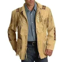Men Western Cowboy Real Suede Leather Fringe Jacket Beads Native American Jacket