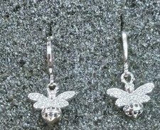 Womens Hoop Earrings with Bee, Silver Color, Cubic Zirconia