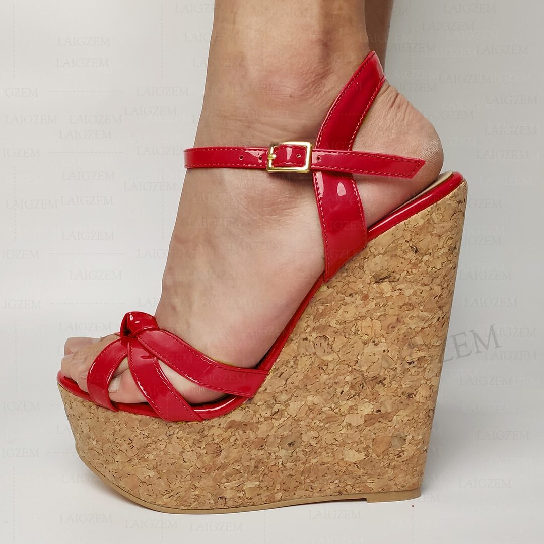 Women Sandals Open Toe Platform Wedges Cork Print High Heels Pumps