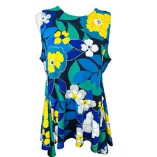 Jules Leopold Top XL Mod 70s Flowers Colorful  Peplum Flowy Stretch Boho Retro