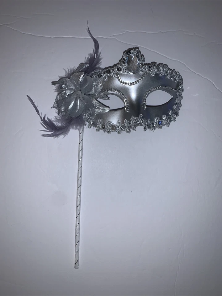 Masquerade Eye Mask Silver Feathers Flower Sequins Stick Mardi Gras Halloween ￼ - Image 2 of 4