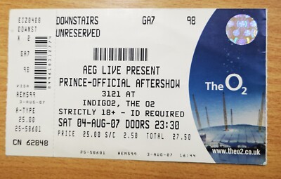 PRINCE TICKET  AFTERSHOW 2007 21 Nights in London 4th August ONE ONLY + Bonus