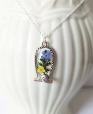 Handmade Real Forget Me Not Flowers Necklace Bird On Perch Pendant Robin Charm