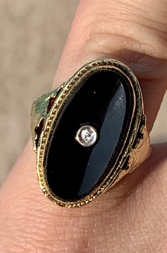 Anillo victoriano de filigrana de oro amarillo liso 14K y ónix negro de filigrana - Imagen 2 de 10