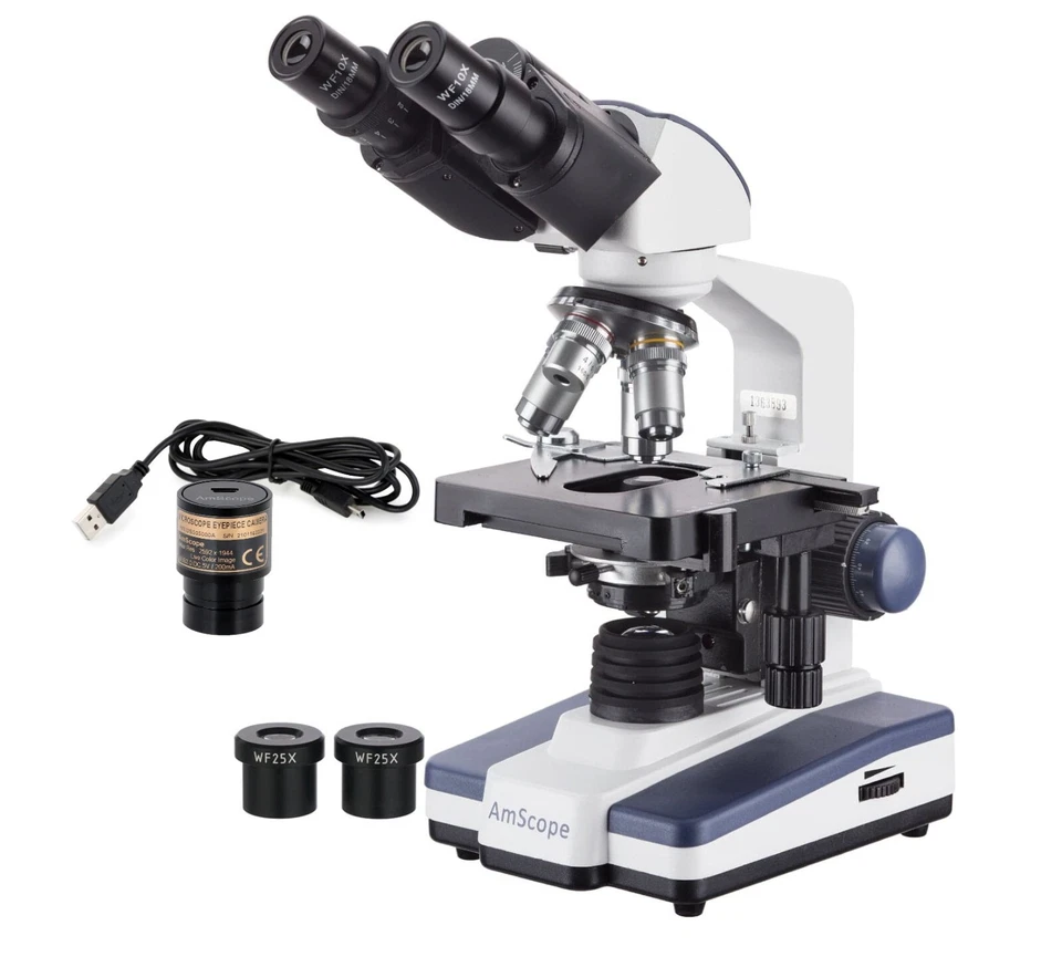 AmScope 40X-2500X Compound Binocular Microscope+3D Mechanical Stage+1.0MP Camera