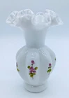 FENTON SILVERCREST #7451 Violets In Snow 6" Melon Milk Glass Vase Vintage Signed