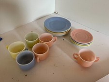 Vintage 14 Pc Hazel atlas Platonite Pastel Colors Glass Dish Set Child  s Set