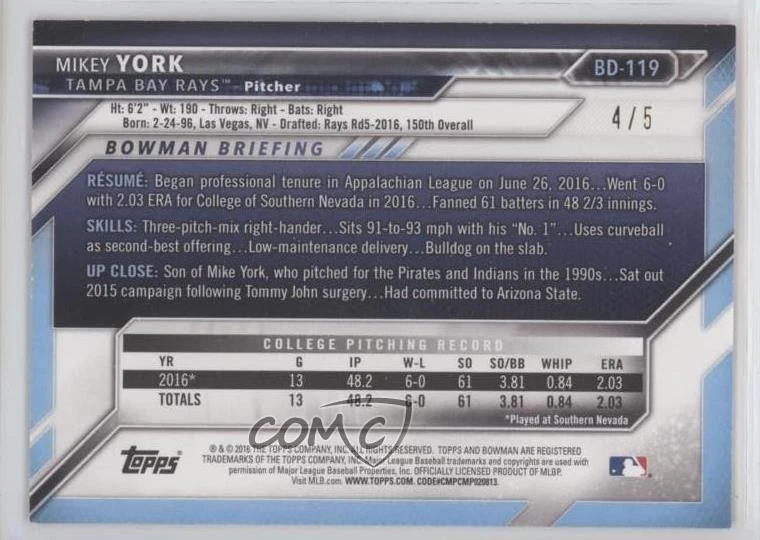 2016 Bowman Draft Draft Picks Red /5 Mikey York #BD-119 - Image 2 of 2