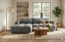 Divano letto angolare consegna 48h molle portaoggetti tessuto boucle molto morbido GRIGIO