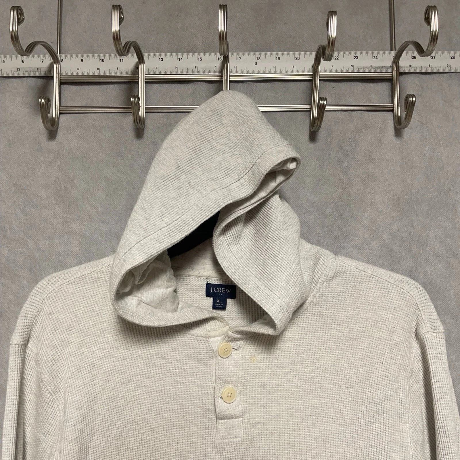 J Crew Hoodie Men XL Light Gray Thermal Waffle Knit Henley Stretch Pullover 1/4