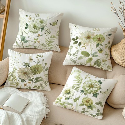 45cm Spring Green Plants Throw Pillow Cover,Green Pink Flower Grass Leaves Livel