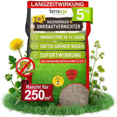 Terrauno Rasendünger Mit Unkrautvernichter Extra Stark, 100 Tage Langzeitwirkung