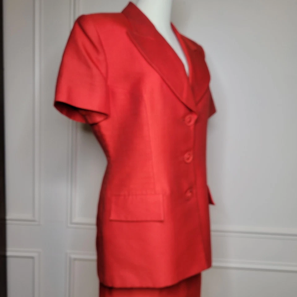 Traje Christian Dior Vintage Talla 14 Falda Manga Corta Chaqueta Rojo Algodón Seda Foto 2 de 4
