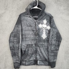 Sudadera con Capucha con Cremallera Affliction Saint Para Hombre Pequeña Y2K Alada Calavera Cruz Grial Grunge