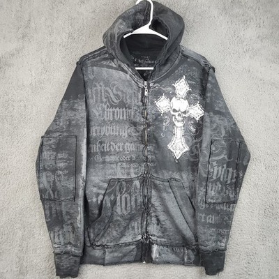 Affliction Saint Zip Up Hoodie Mens Small Y2K Winged Up Skull Cross Grail Grunge