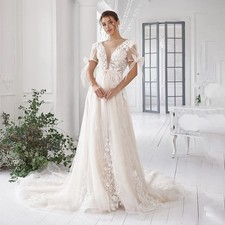 Customized Lace Wedding Dress Short Sleeve V Neck Backless Illusion Bride Gowns