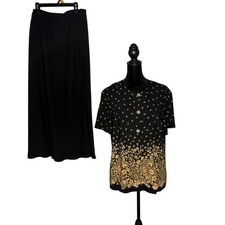 Vintage 90s Leslie Fay 2 Piece Long Skirt Set Size 16 Floral Black Short Sleeve