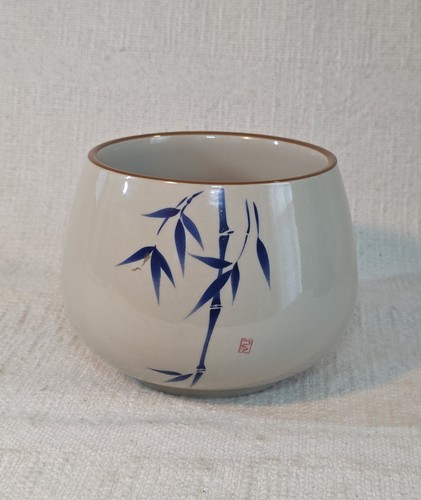 Bamboo Chinese Tea Cup Bowl Lg Hand Painted Blue & Cream Planter Stamped - Picture 10 of 19