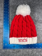 Nice Beanie Toque Women One Size White Red Cable Knit 100 Acrylic Christmas Pom
