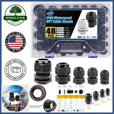 Waterproof Nylon Cable Glands Kit, 48pcs Strain Relief for Various Sizes