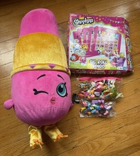 Shopkins Lot - 66 mini figures / carrying case / lipstick stuffy / bingo game